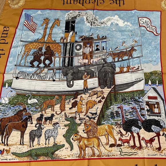 Elizabeth Mumford Mystic Seaport Museum 100% Silk Scarf Noah’s Arc Animals Folk - Picture 3 of 10